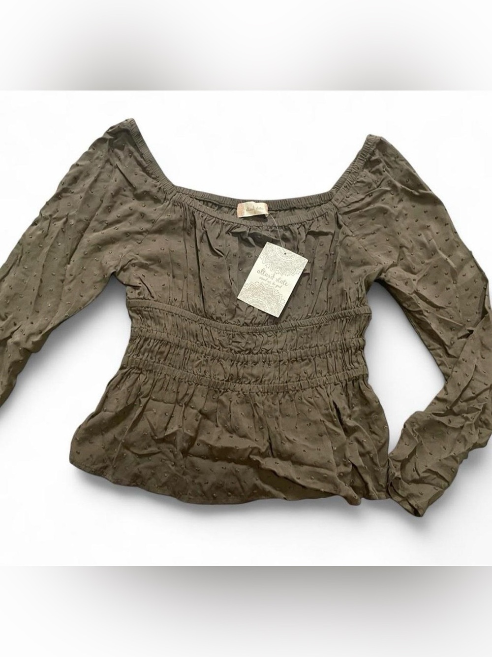 Altar'd State Olive Smocked Dot Blouse